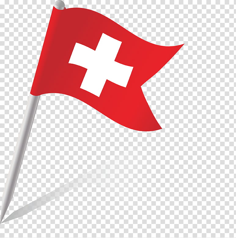 Red Swiss flag with white cross on a pin, waving slightly against transparent background.