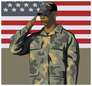 U.S. soldier in camouflage uniform saluting before an American flag backdrop.