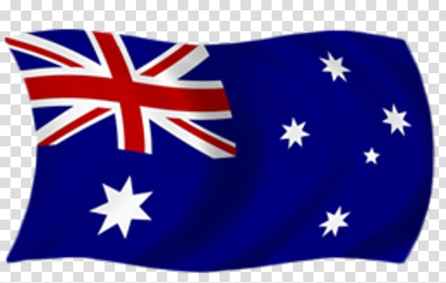 Waving Australian national flag with Union Jack, Commonwealth Star, and Southern Cross on blue field.