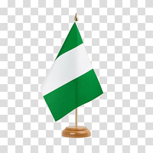 Nigerian national flag on a wooden desktop stand, green-white-green vertical stripes with gold finial.