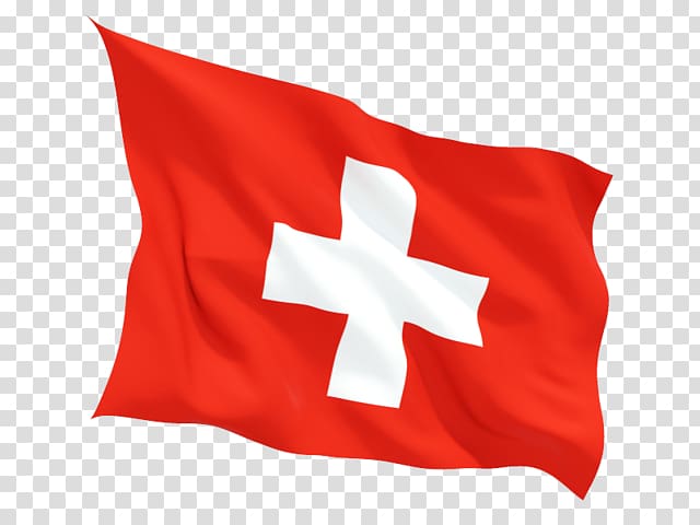Swiss flag waving with red background and white cross, transparent background.