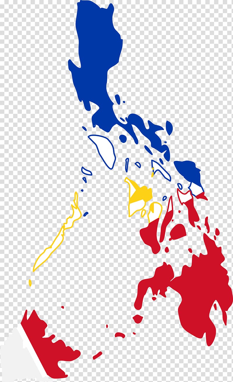Stylized map of the Philippines colored with national flag hues: blue, red, white, and yellow.