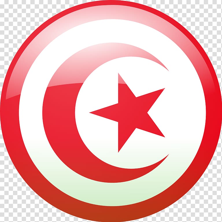Glossy circular emblem of the Tunisian flag featuring a red crescent and star on white background with red border.