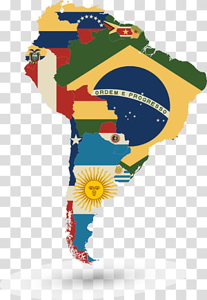 Map of South America with national flags integrated into each country's shape, highlighting Brazil’s flag centrally.