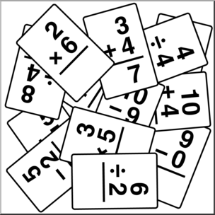 Scattered math flashcards showing addition, subtraction, multiplication, and division problems for educational use.