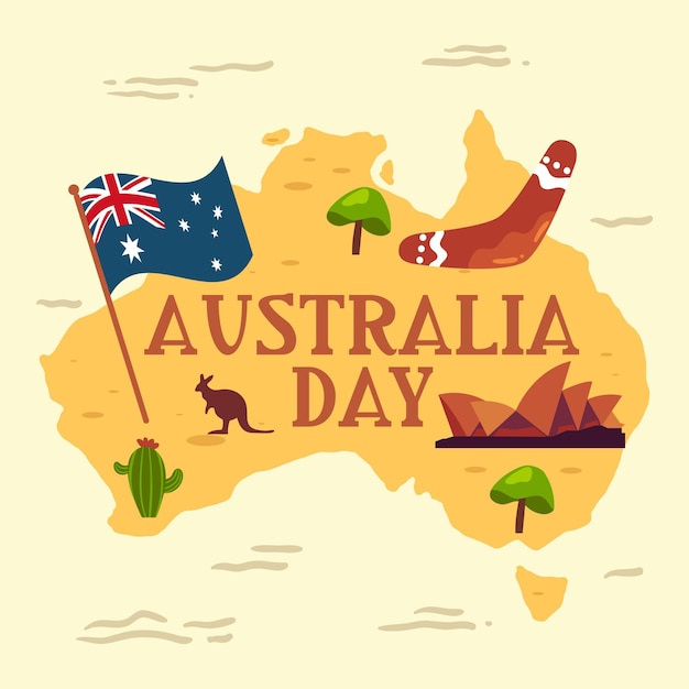 Illustrated map of Australia featuring flag, kangaroo, didgeridoo, Sydney Opera House, cactus, and gum trees for Australia Day.