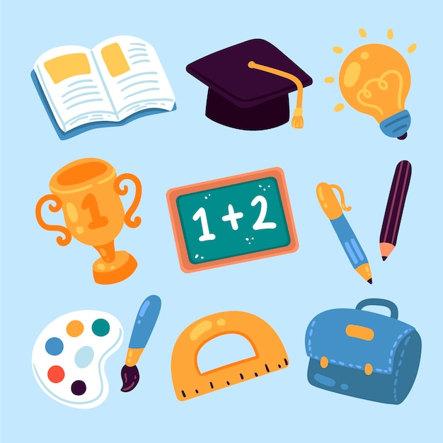 Collection of colorful education-themed icons including book, graduation cap, lightbulb, trophy, chalkboard, art supplies, and school bag.