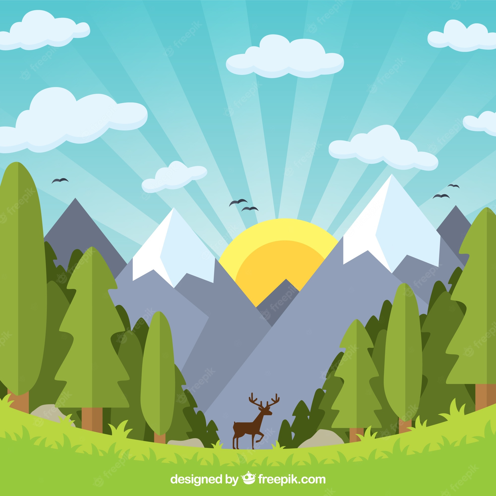 Serene mountain landscape with sun rising behind peaks, pine forest, and a deer in the foreground under a cloudy sky.