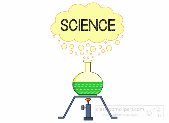 A round-bottom flask with green liquid on a Bunsen burner, emitting bubbles and a cloud labeled "SCIENCE".
