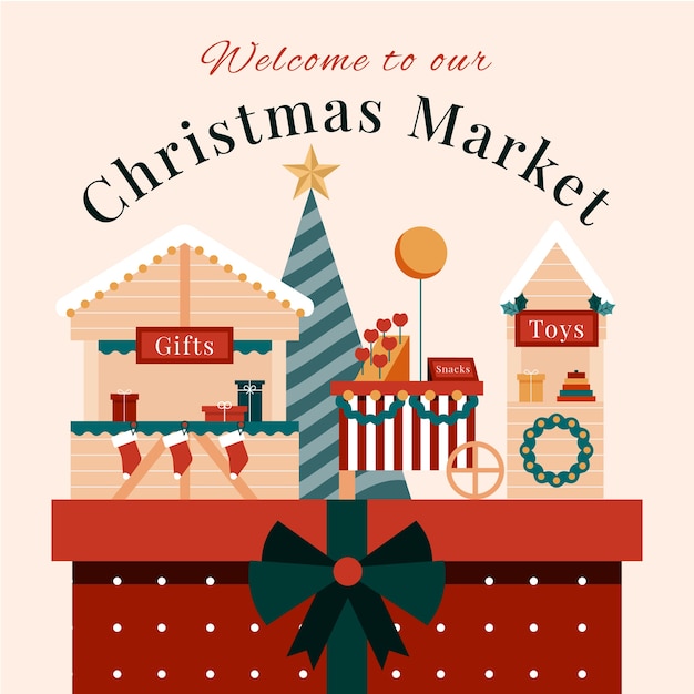 Festive Christmas market illustration with gift and toy stalls, a tree, snacks stand, and wreath atop a red gift box.