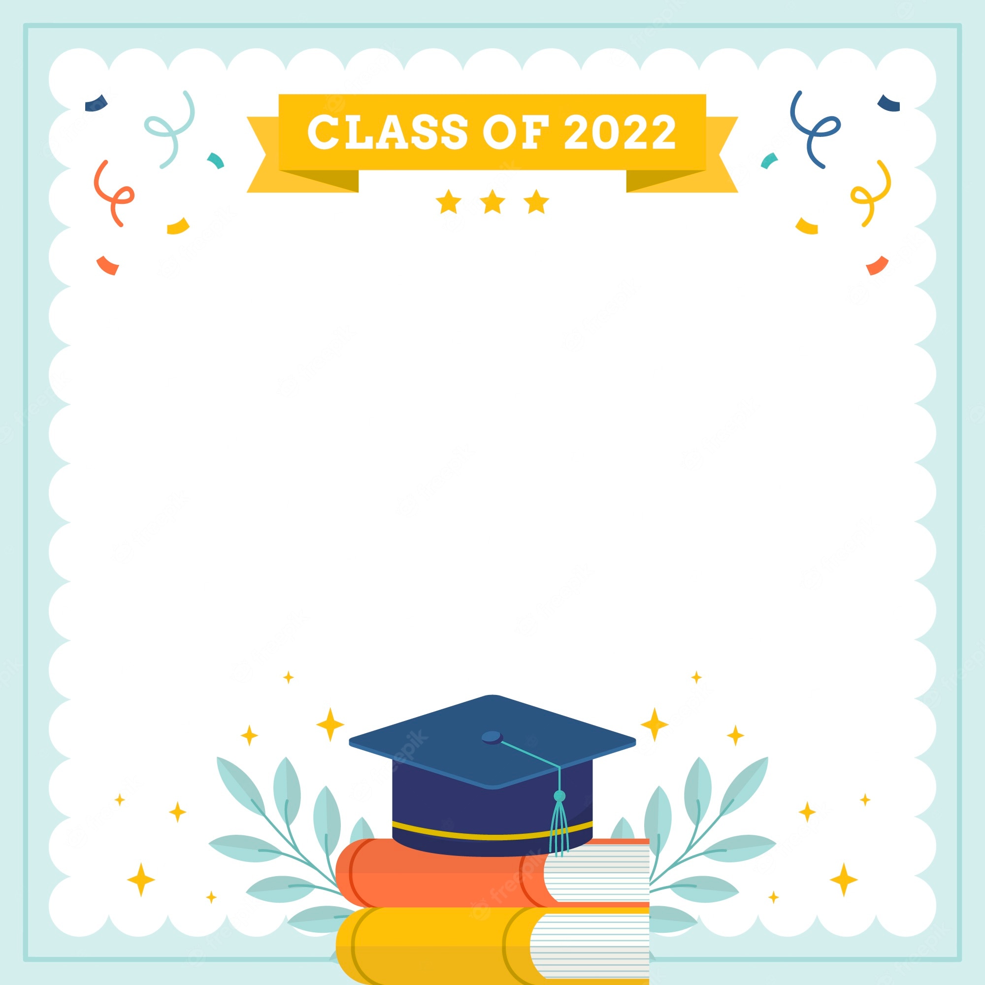 Graduation cap on books with "Class of 2022" banner, confetti, and decorative border.