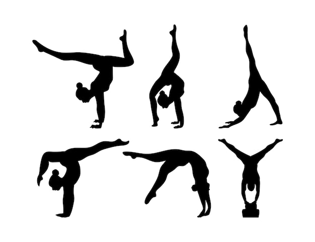 Six black silhouettes of gymnasts performing handstands, splits, and acrobatic poses against a white background.