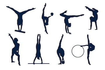 Silhouettes of eight gymnasts performing various apparatus and floor routines including balance beam, rings, and handstands.