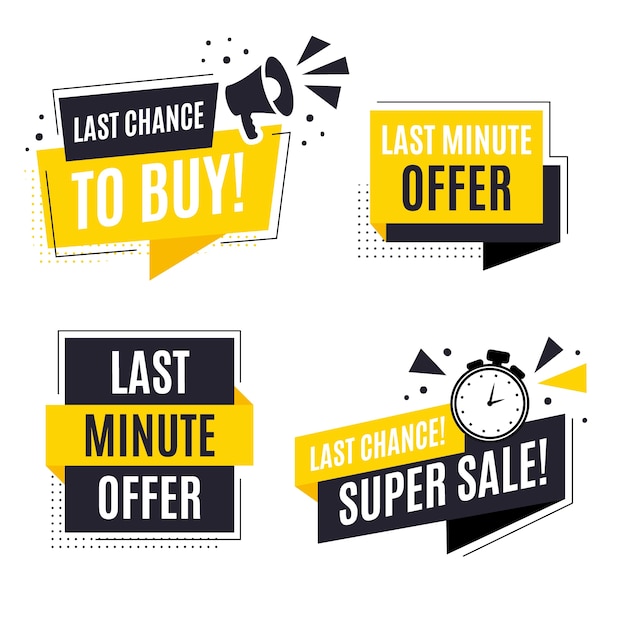Four bold yellow-and-black promotional banners with phrases like "Last Chance to Buy!", "Last Minute Offer", and "Super Sale!" featuring megaphones and clocks.