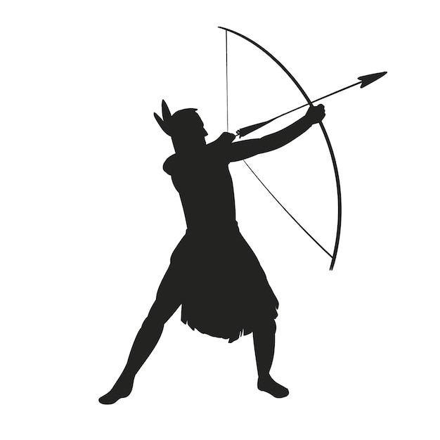 Silhouette of a warrior archer in traditional attire drawing a bow and aiming an arrow.