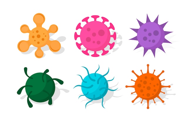 Six colorful cartoon-style virus illustrations in orange, pink, purple, green, blue, and red with spiky or tentacle-like structures.