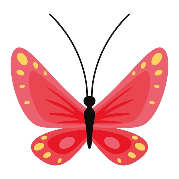Red butterfly with yellow spots and black antennae, flat vector illustration on white background.
