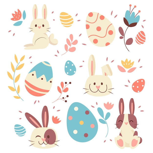 Cute Easter bunnies, patterned eggs, and spring flowers in pastel colors on white background.