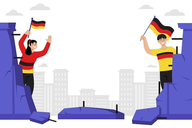 Two people on opposite sides of a broken wall wave German flags, symbolizing unity or reconciliation against a city backdrop.