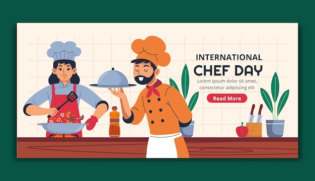 Two chefs-one male, one female-preparing food in a kitchen; banner reads "International Chef Day" with "Read More" button.