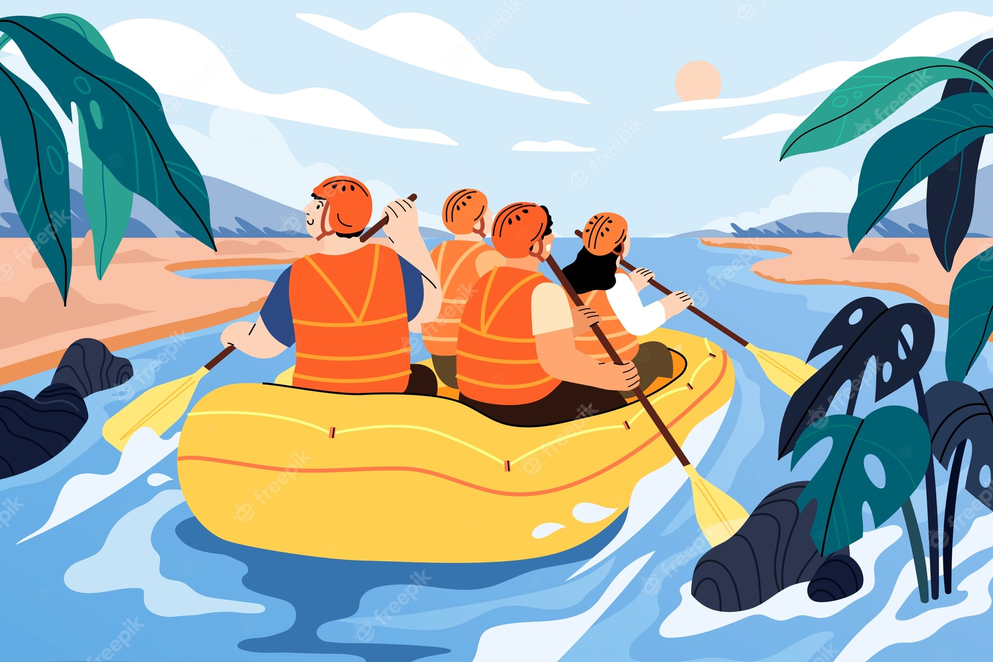 Adventure Rafting Trip Through Tropical River - Group Excursion Illustration
