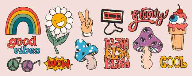 Retro 1970s-themed illustration set with rainbow, smiling daisy, peace sign, cassette tape, mushrooms, ice cream, and groovy text phrases.