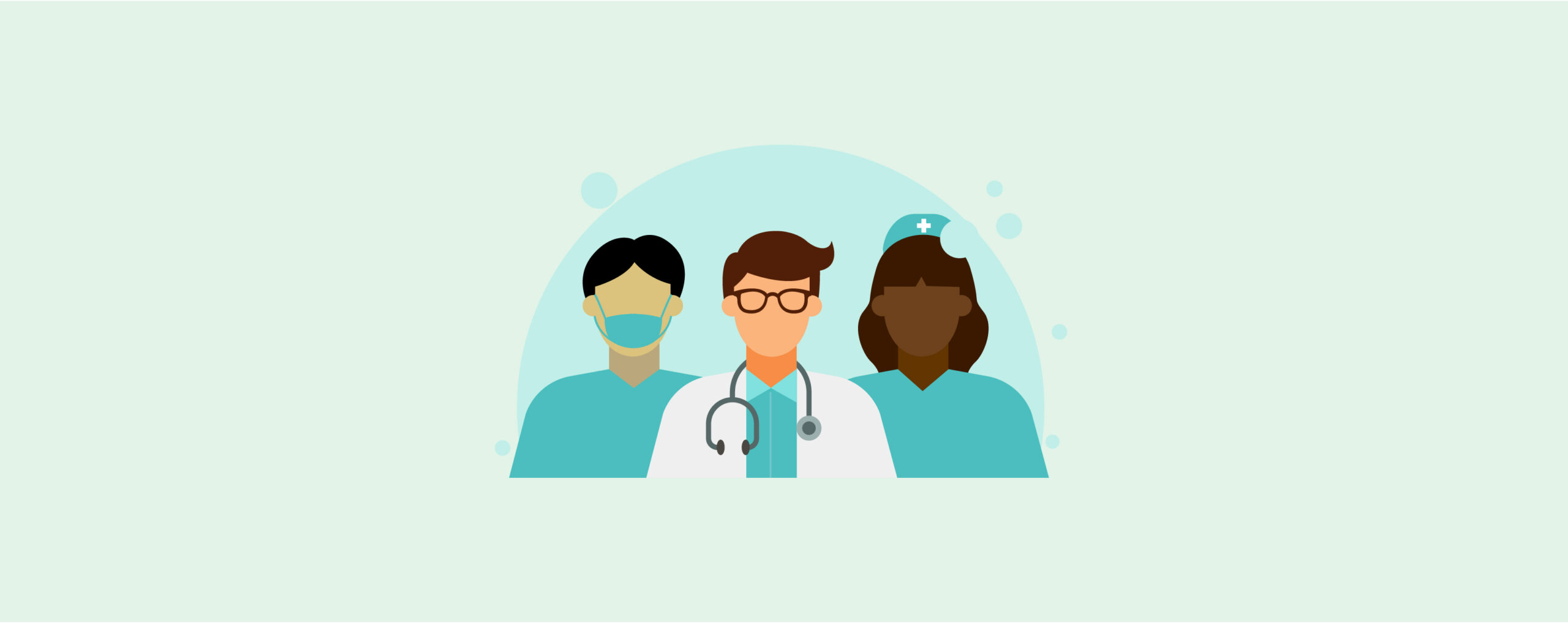 Three diverse healthcare professionals-doctor with stethoscope, masked clinician, and nurse in cap-standing together in a medical team illustration.