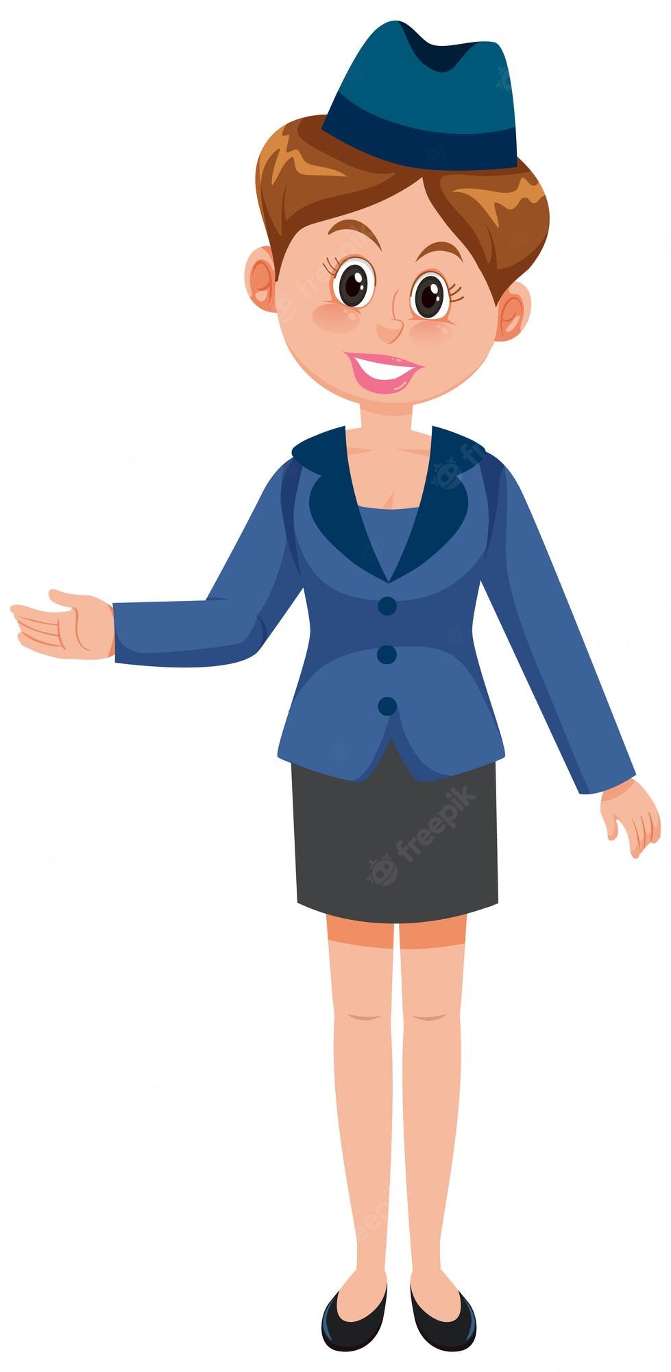 Friendly female flight attendant in blue uniform and hat, gesturing welcomingly.