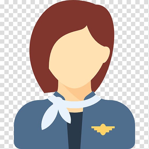 Female flight attendant icon with brown hair, blue uniform, white scarf, and gold wing pin.