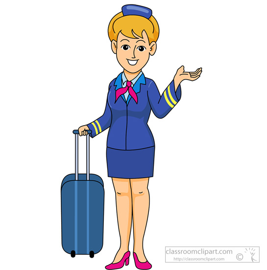 Smiling female flight attendant in blue uniform with pink scarf, holding suitcase and gesturing welcomingly.