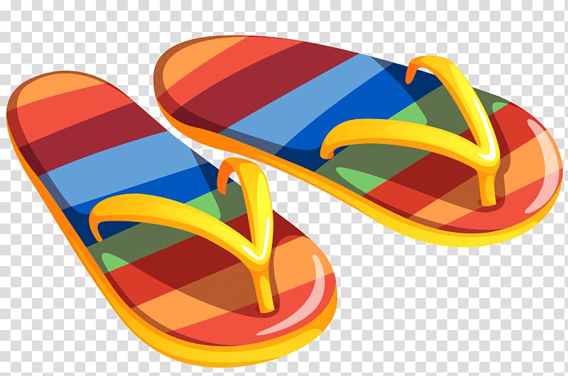 Colorful striped flip-flops with yellow straps on transparent background