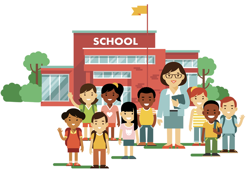 Diverse group of smiling students and a teacher in front of a red school building with green surroundings.