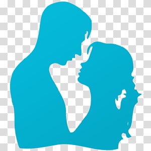 Silhouette of a romantic couple about to kiss, shown in teal against transparent background.