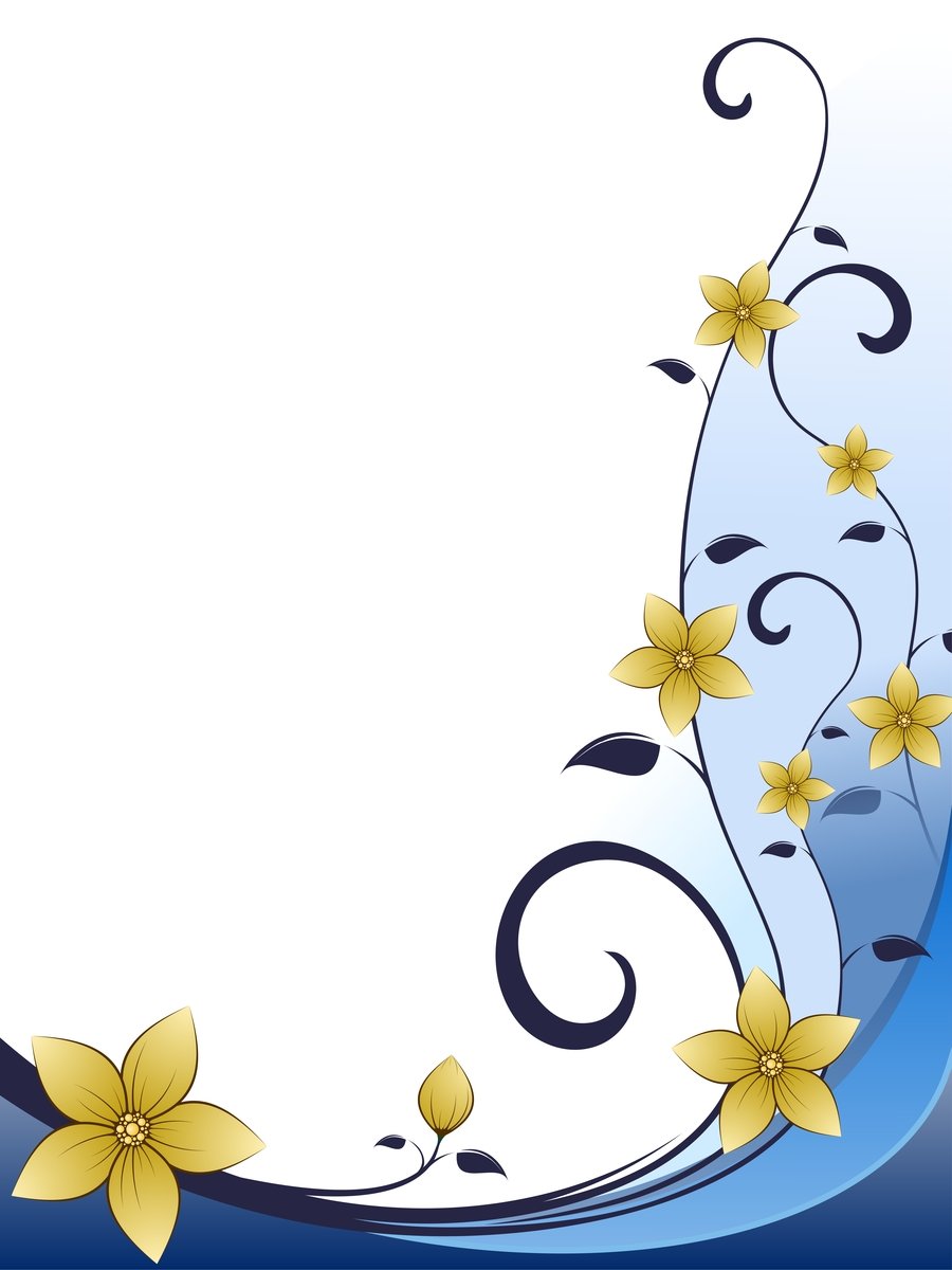 Elegant floral border with golden flowers and navy swirls on blue gradient background.
