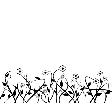 Black-and-white floral border illustration with delicate stems, leaves, and small blossoms along the bottom edge.