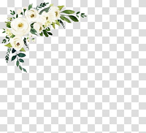 Delicate white floral corner arrangement with green leaves on transparent background