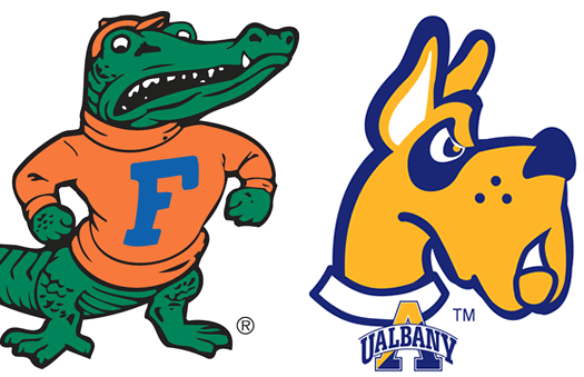Florida Gators and Albany Great Danes mascots side by side in team colors.