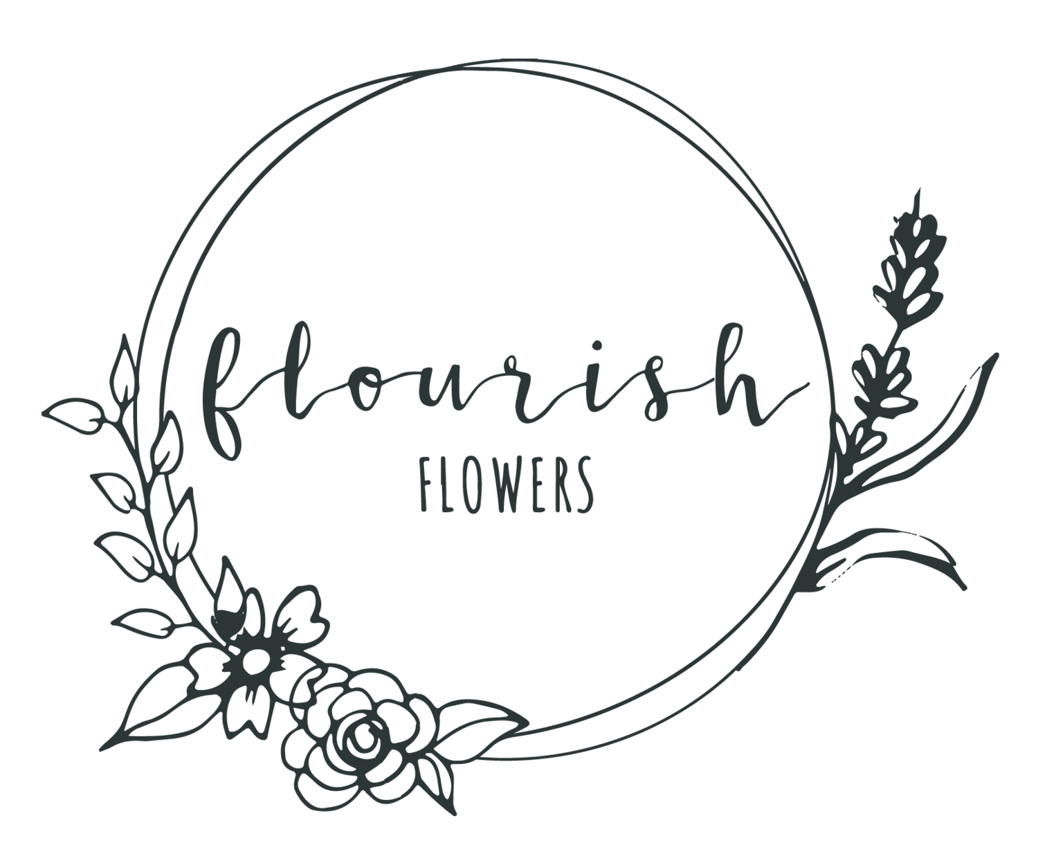 Flourish Flowers logo - elegant circular wreath with hand-drawn floral elements and script typography.