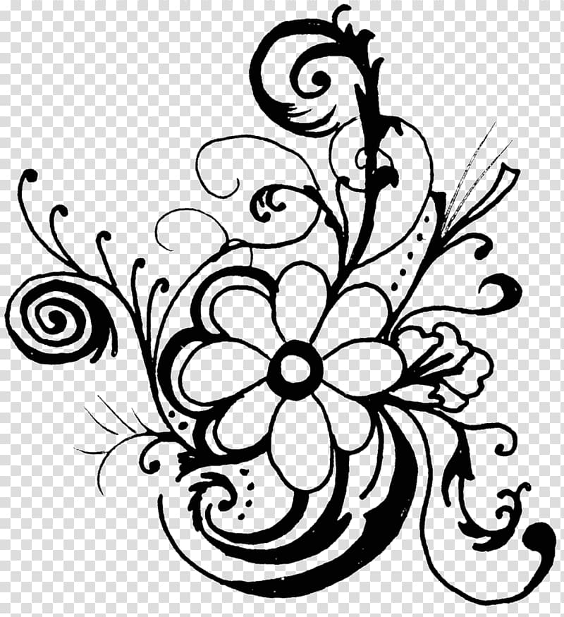 Black-and-white ornamental floral swirl design with stylized petals and decorative flourishes on transparent background.