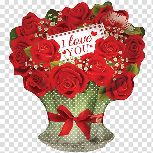 A vibrant bouquet of red roses with baby’s breath, wrapped in green polka-dot paper and a red ribbon, featuring an "I love you" card.