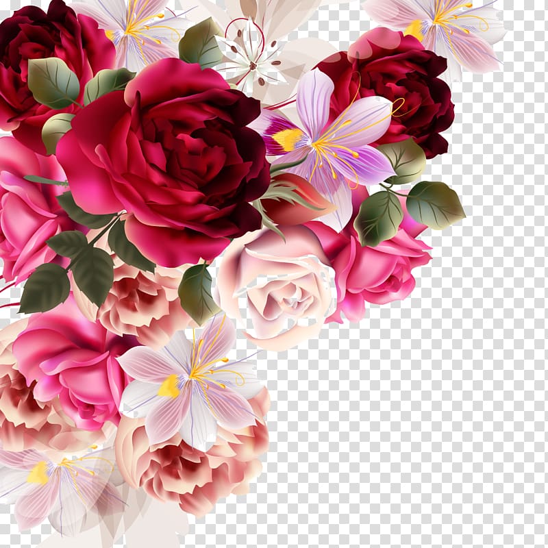 Vibrant floral arrangement with deep red, pink, and white roses and lilies on transparent background.