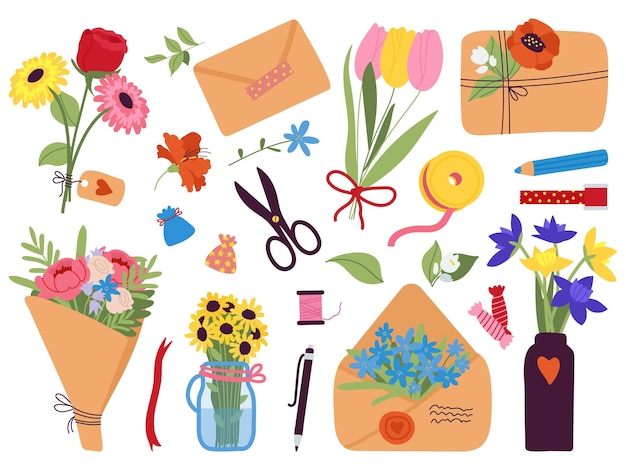 Colorful floral arrangements, envelopes, scissors, ribbons, and stationery items in flat vector illustration style.