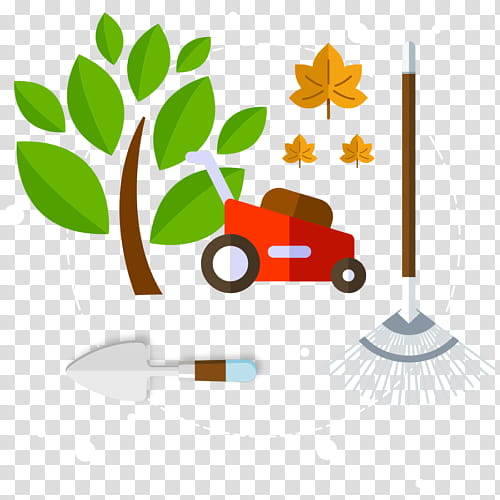 Garden tools including a lawnmower, rake, trowel, and leafy tree with autumn leaves on transparent background.