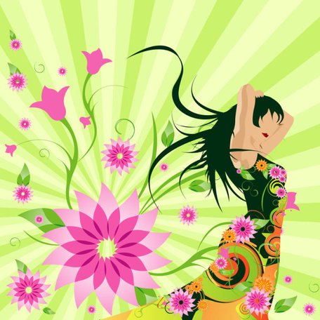 Spring Floral Art - Joyful Woman Amid Blooming Flowers | Vector Illustration