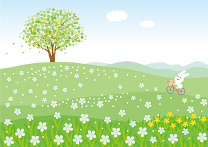 A cheerful cartoon rabbit rides a bicycle through a blooming spring meadow with white flowers, yellow daisies, and a leafy tree.