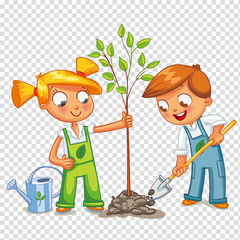 Two smiling children planting a sapling together with a watering can and shovel.