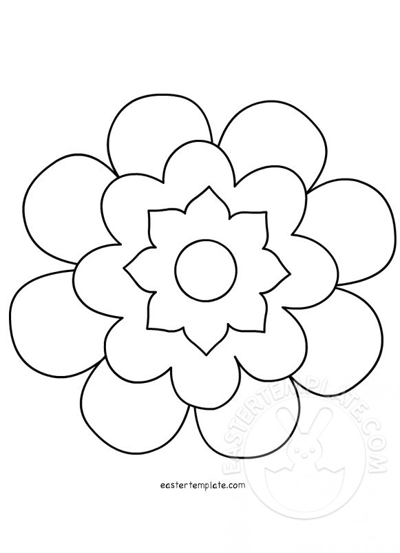 Black-and-white line drawing of a multi-layered stylized flower with rounded petals and central starburst design.