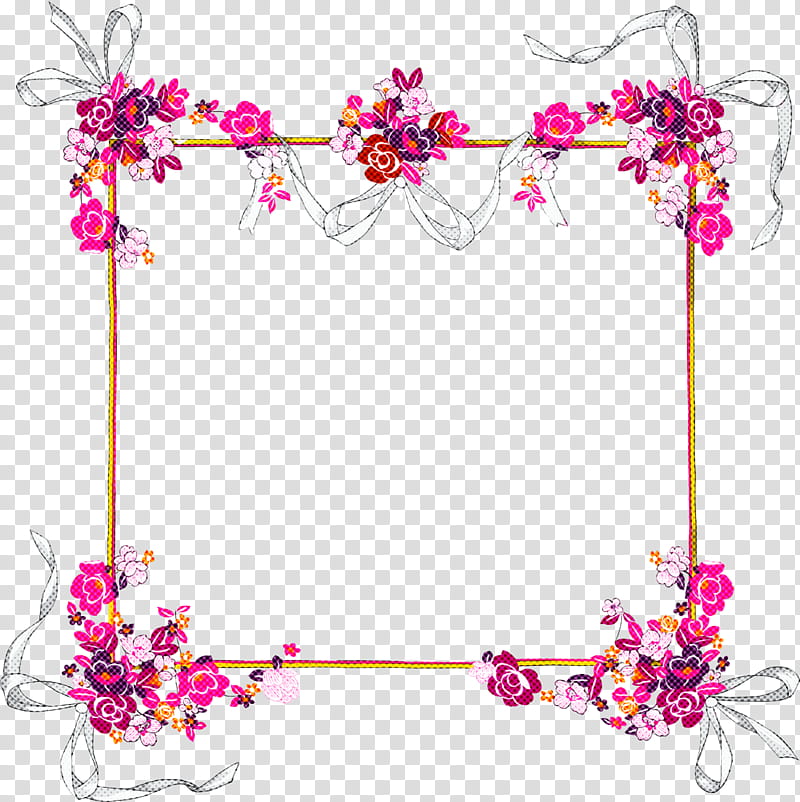 Decorative floral frame with pink and purple flowers, ribbons, and golden border on transparent background.