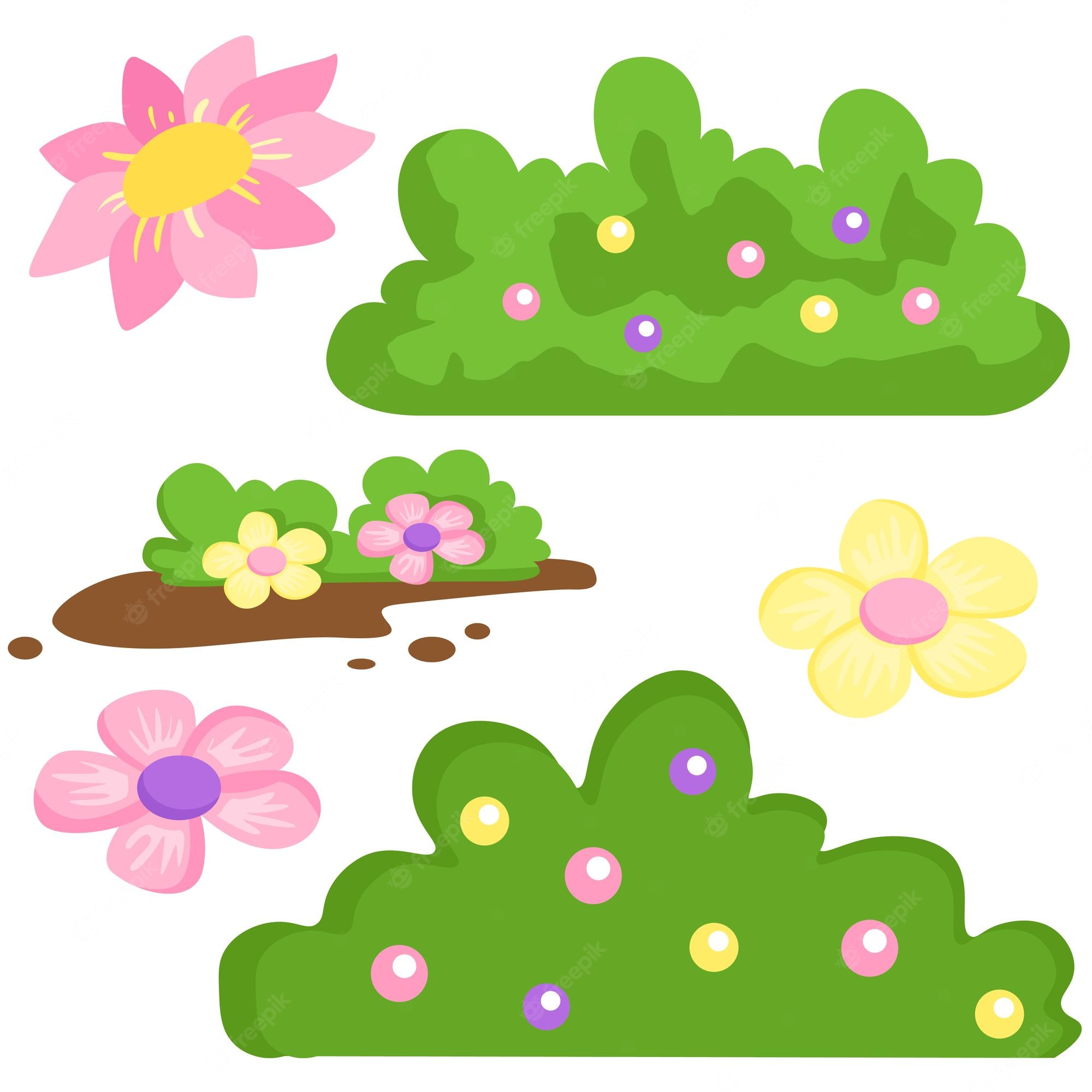 Colorful cartoon-style flowers and green bushes with pink, yellow, and purple blooms on white background.