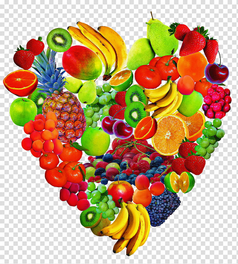 Heart-shaped arrangement of colorful fresh fruits including bananas, strawberries, oranges, grapes, pineapple, and kiwi.